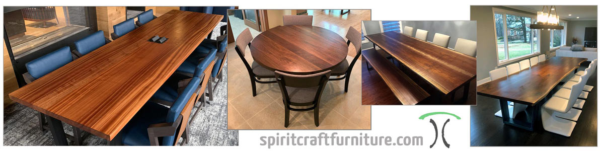 Handcrafted solid wood round, wide plank and live edge dining and conference tables " tops made in the USA by spiritcraft furniture, east dundee, il